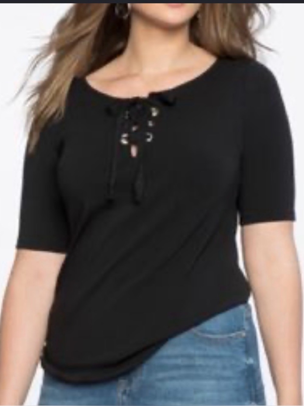 Eloquii Black Lace-Up Short Sleeve Scoop Neck Top NWOT
